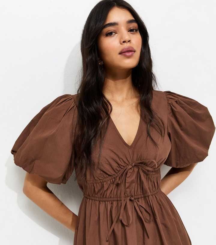 brown puff sleeve dress Brown Floral Lace Trim Maxi Dress – Moda Boutique main image 1