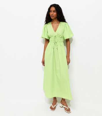Bright Green Cotton Puff Sleeve Midi Dress