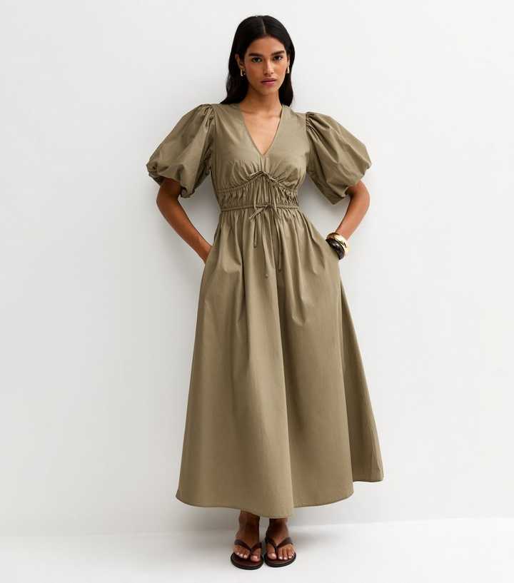 Dark Khaki Cotton Puff Sleeve Midi Dress | New Look