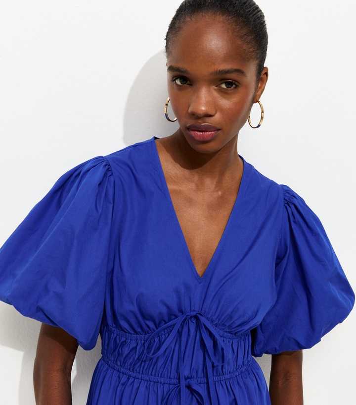 Bright Blue Cotton Puff Sleeve Midi Dress | New Look