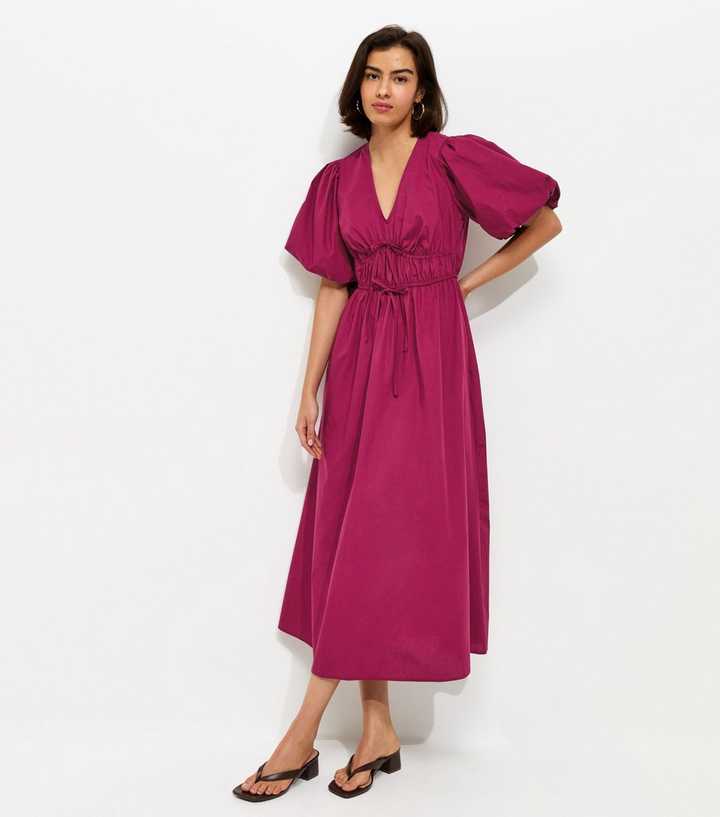 Light Burgundy Cotton Puff Sleeve Midi Dress
