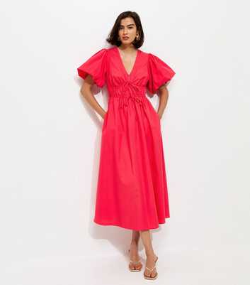Dark Coral Cotton Puff Sleeve Midi Dress