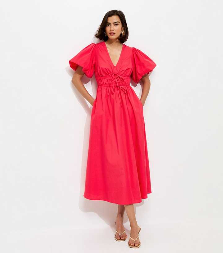 Dark Coral Cotton Puff Sleeve Midi Dress