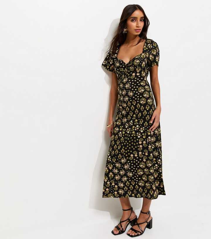 Black Floral Sweetheart Neck Midi Dress | New Look