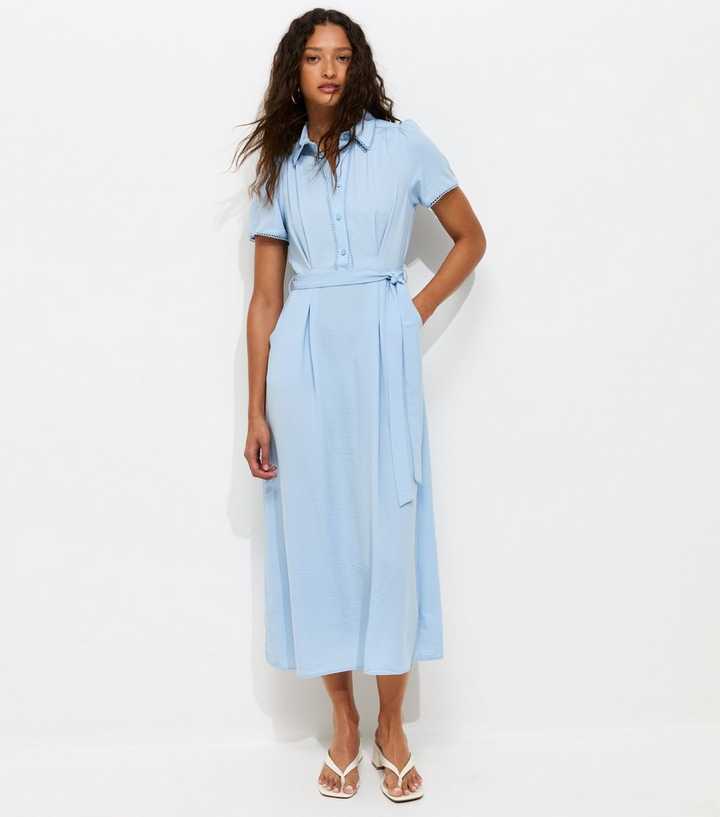 Light Blue Frill Trim Short Sleeve Shirt Midi Dress