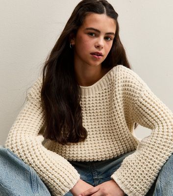 Girls Off White Moss Stitch Slash Neck Jumper