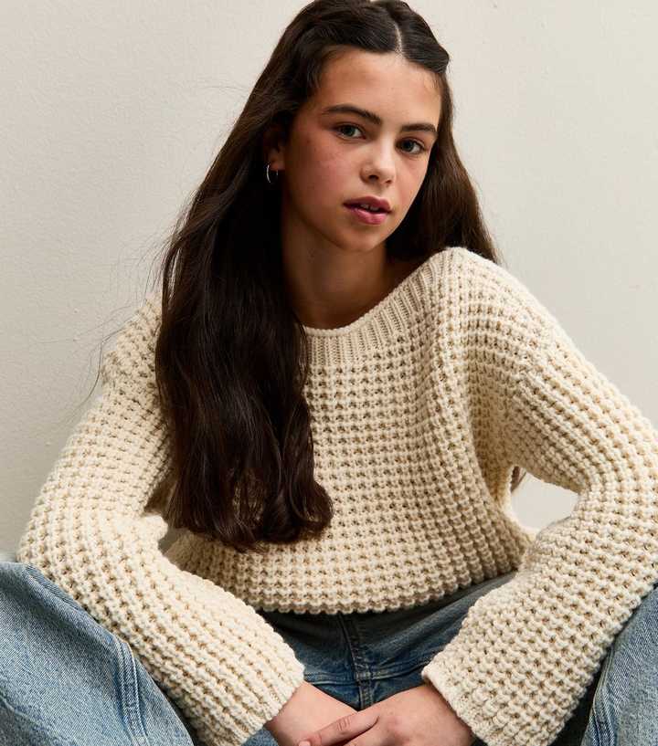 Girls Off White Moss Stitch Slash Neck Jumper