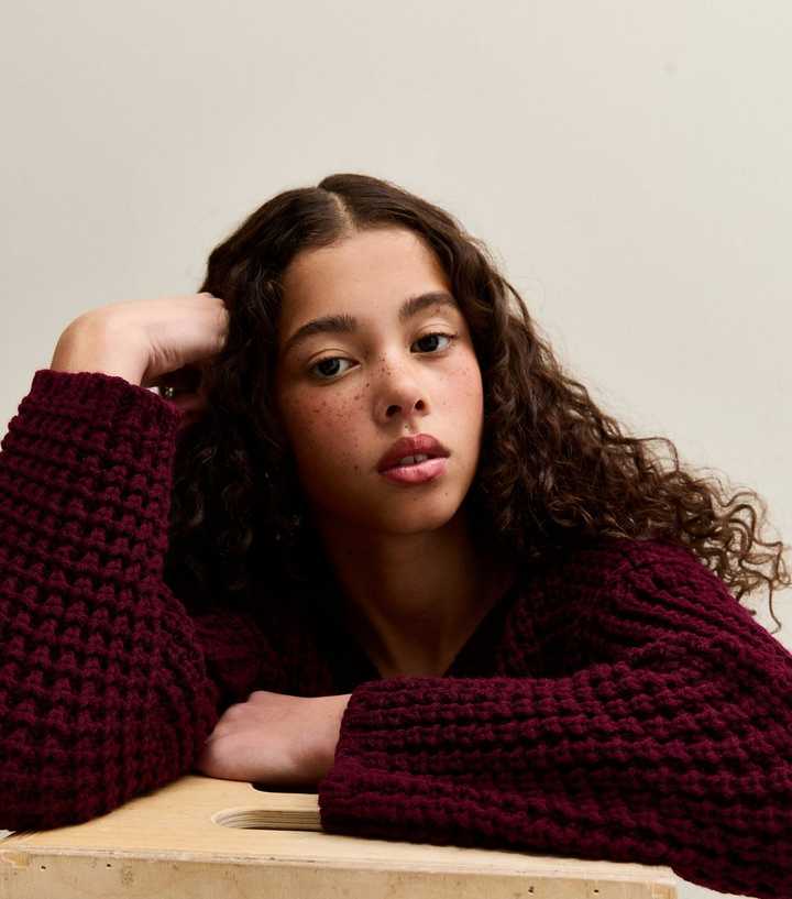 Girls Burgundy Moss Stitch Slash Neck Jumper
