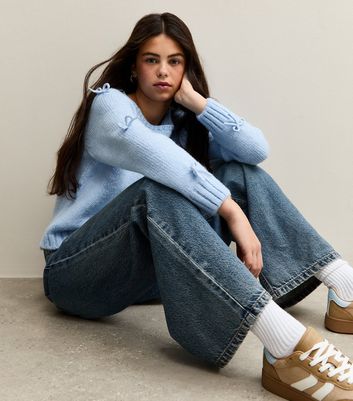Girls Light Blue Bow Sleeve Jumper