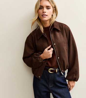 Petite Dark Brown Faux Suede Bubble Hem Jacket