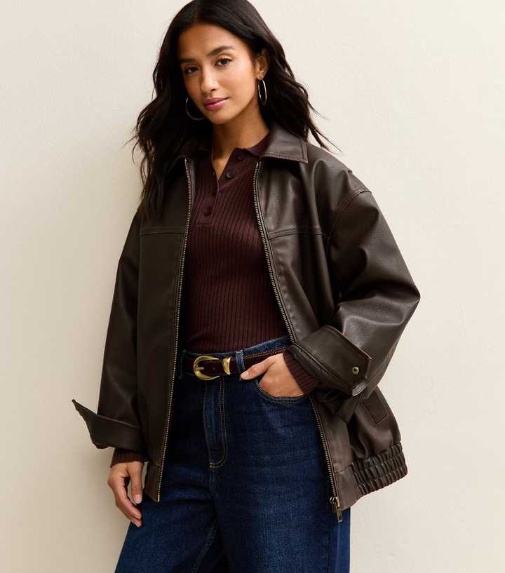 Petite Oversized Washed Faux Leather Jacket