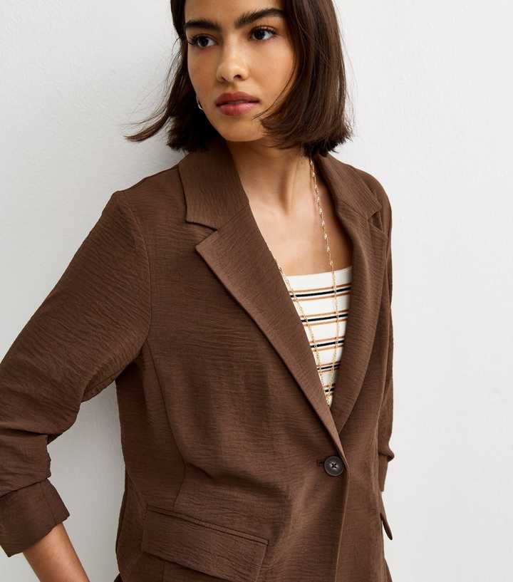 Dark Brown Ruched Sleeve Blazer