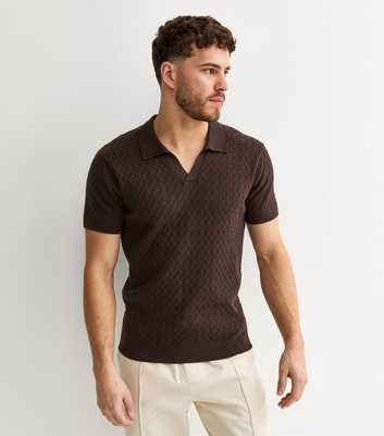 Dark Brown Cable Knit Collared Polo Shirt