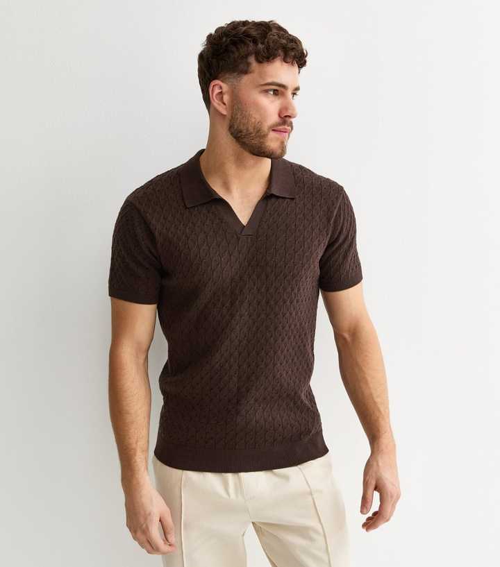 Dark Brown Cable Knit Collared Polo Shirt