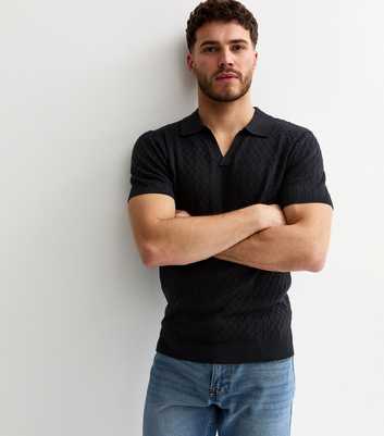 Navy Cable Knit Collared Polo Shirt