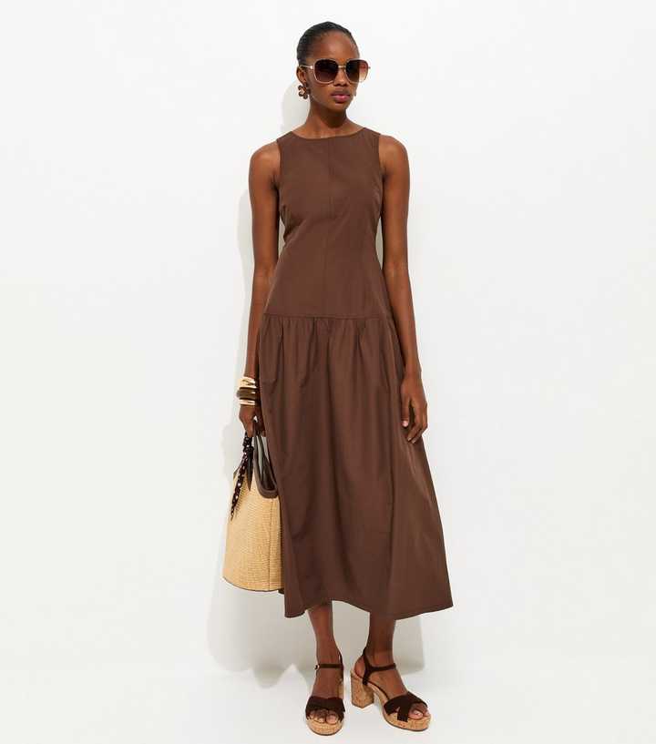 Brown Dropped Waist Midi Dress