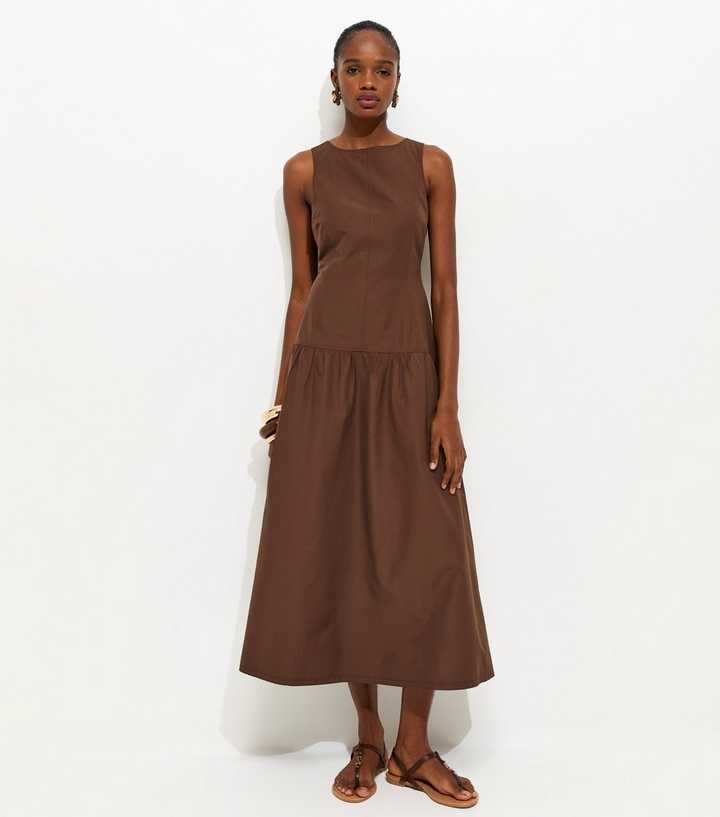 Brown Dropped Waist Midi Dress