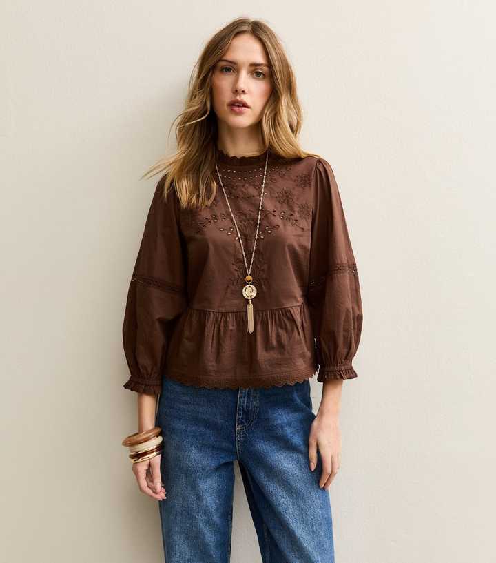 Dark Brown Embroidered 3/4 Sleeve Blouse