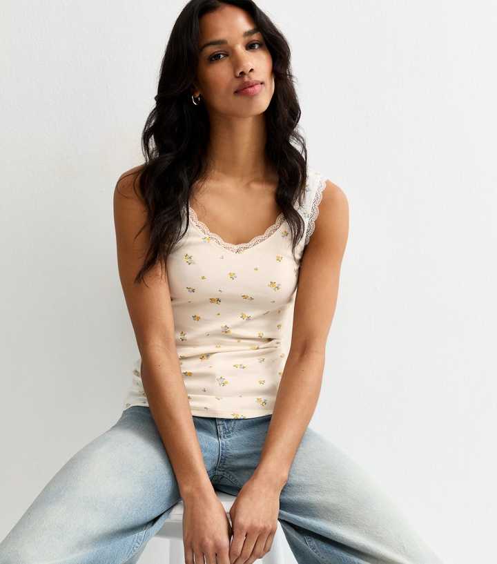 White Ditsy Floral Lace Trim Vest Top