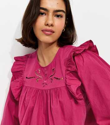 Dark Pink Broderie Anglaise Frill Trim Blouse