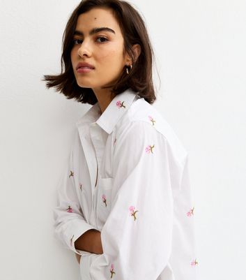 White Cotton Poplin Floral Embroidery Shirt | New Look