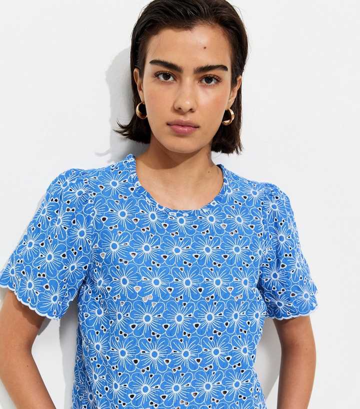 Blue Cutwork Floral Crew Neck Top