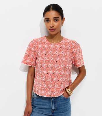 Light Coral Cutwork Floral Crew Neck Top