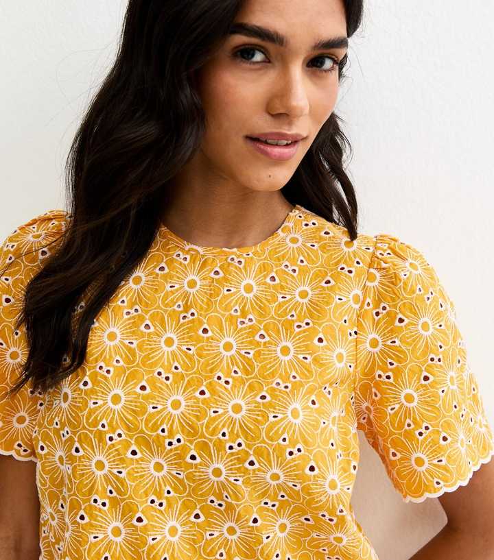 Yellow Cutwork Floral Crew Neck Top