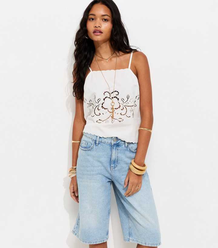 White Cotton Embroidered Floral Cutout Cami Top