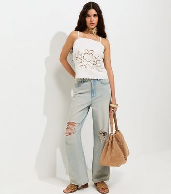 White Cotton Embroidered Floral Cutout Cami Top | New Look