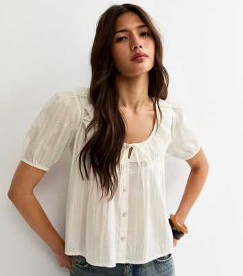 White Dobby Stripe Tie Bow Blouse