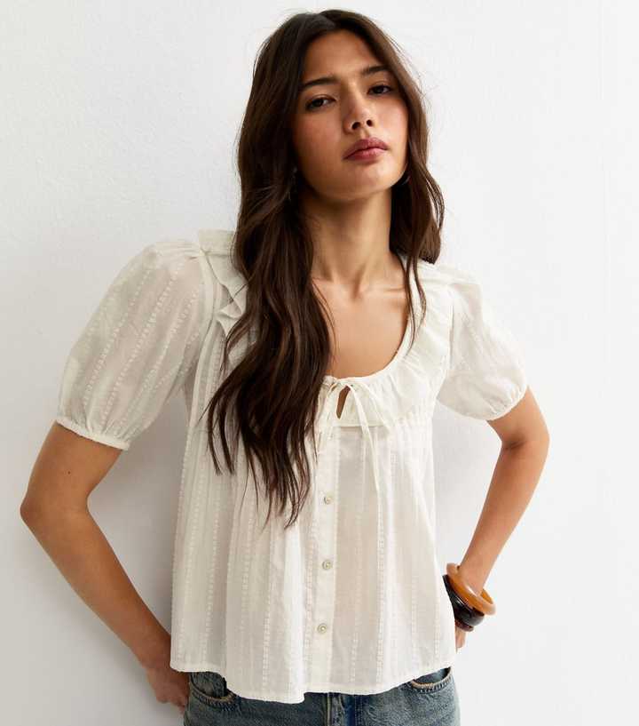 White Dobby Stripe Tie Bow Blouse