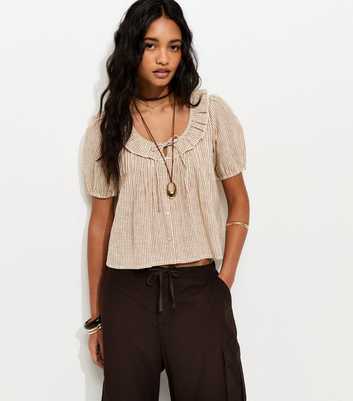 Brown Striped Frill Neckline Blouse