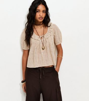 トップス Yoli Frilled blouse for gather / Brown brown-striped-frill-neckline-