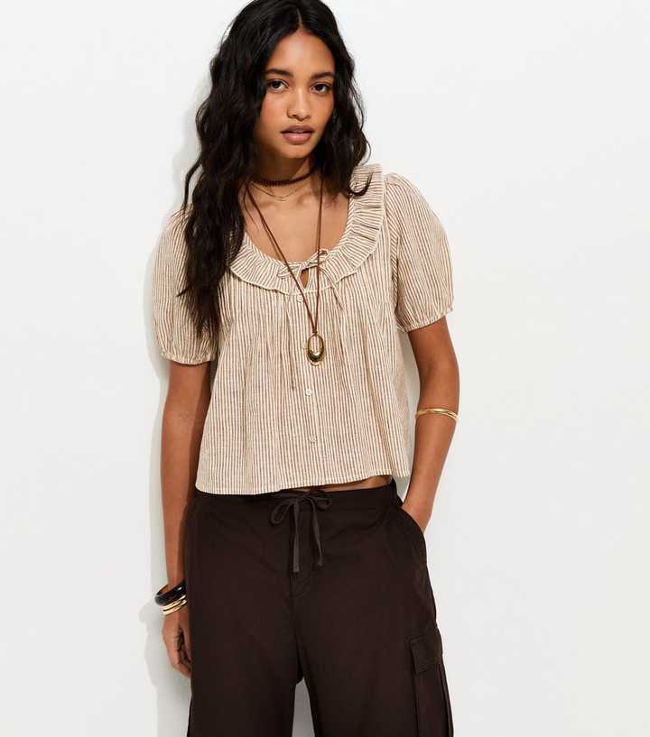 Brown Striped Frill Neckline Blouse