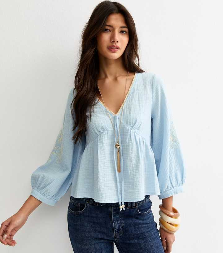 Light Blue Embroidered Sleeve Tea Blouse