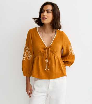 Orange Embroidered Sleeve Tea Blouse