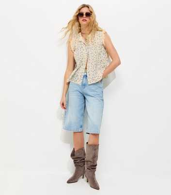 Blue Dobby Floral Print Lace Trim Pleated Blouse