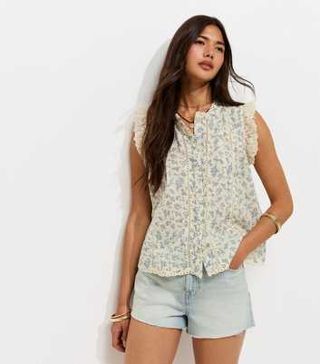 Blue Dobby Floral Print Lace Trim Pleated Blouse