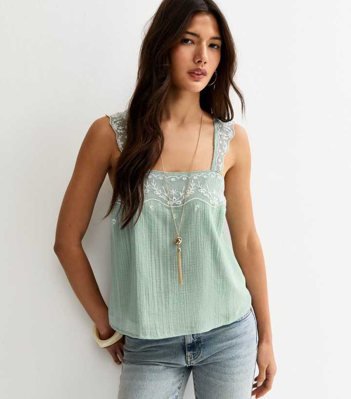 Blue Crinkled Cotton Embroidered Cami Top