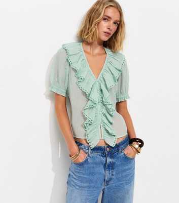 Light Blue Semi-Sheer Embroidered Ruffle V-Neck Blouse