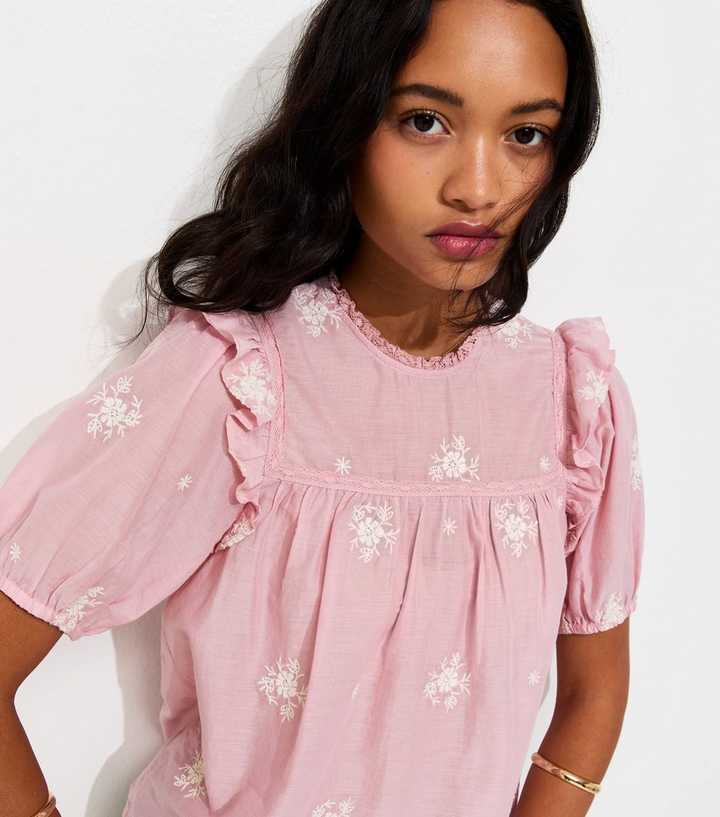 Pink Floral Embroidered Puff Sleeve Blouse