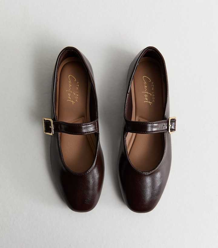 Chocolate Faux Leather Mary Jane Ballet Pumps