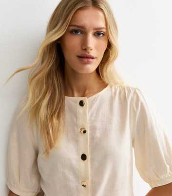 White Linen Blend Gold Tone Textured Button Blouse