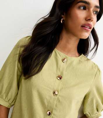 Green Linen Blend Gold Tone Textured Button Blouse