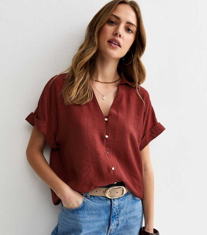 Dark Red Crinkled Short Sleeve Shirt