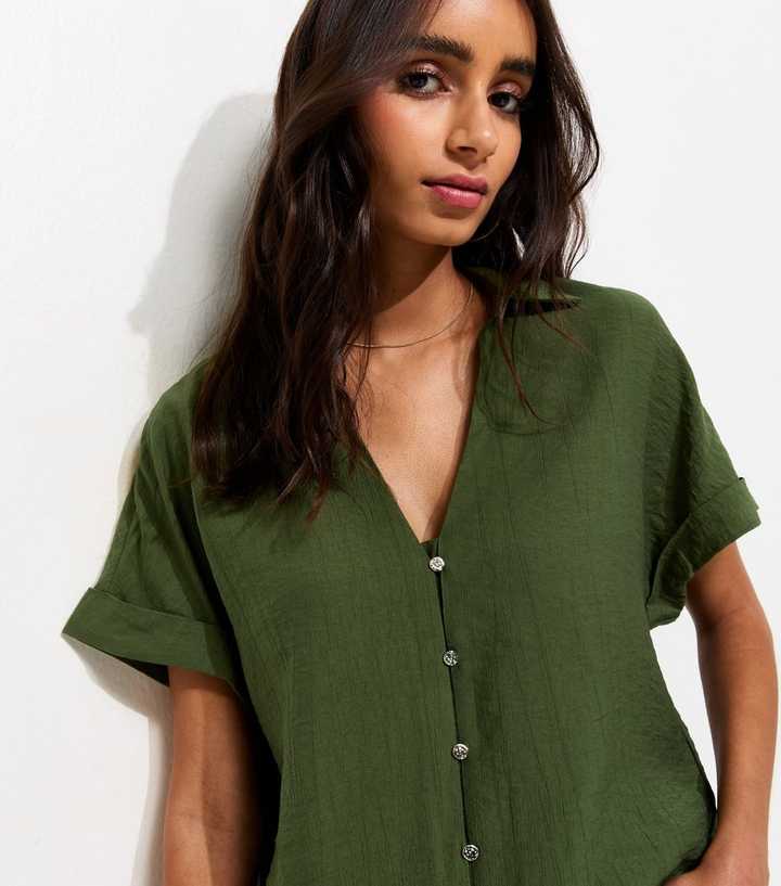 Dark Khaki Crinkled Short Sleeve Shirt