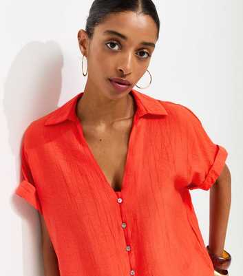 Bright Red Crinkled Short Sleeve Shirt