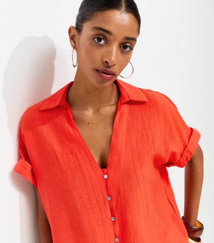 Bright Red Crinkled Short Sleeve Shirt
