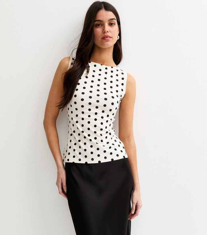 Cream Polka Dot Slash Neck Vest